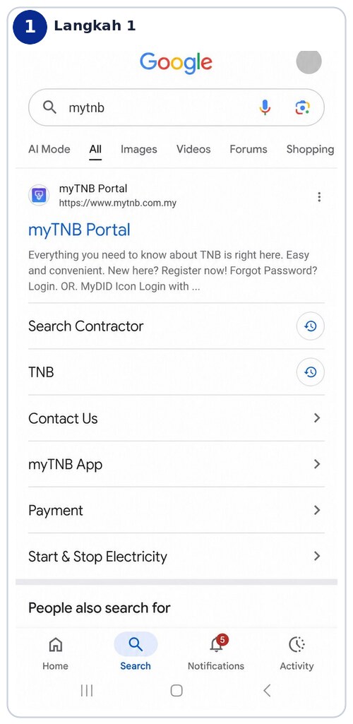 Cara mencari portal myTNB melalui Google menggunakan browser telefon