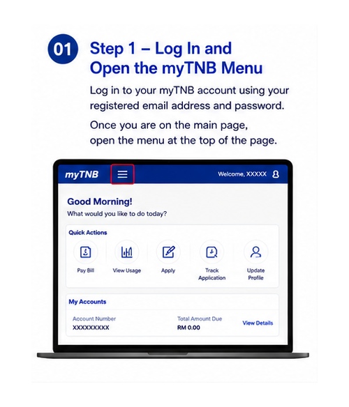 Log in and open the myTNB menu for verification