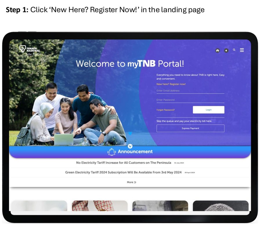 Cara daftar akaun myTNB melalui Register Now