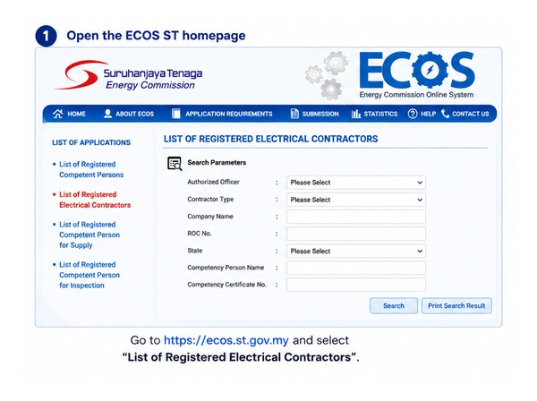 Open the list of registered electrical contractors on the Energy Commission ECOS portal