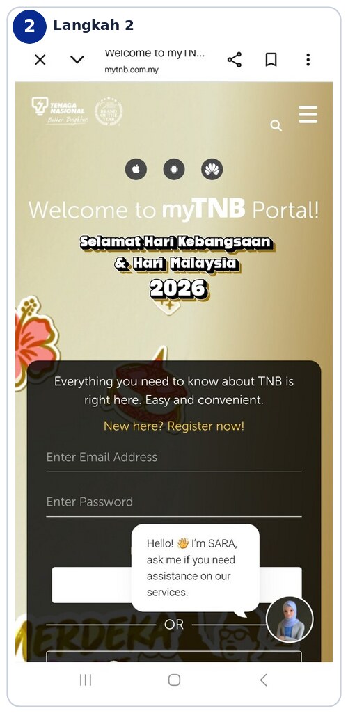 Paparan login portal myTNB melalui browser telefon