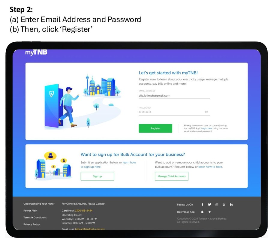 Masukkan email dan kata laluan untuk daftar akaun myTNB