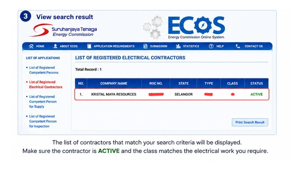 Check registered electrical contractor search results on the ECOS portal