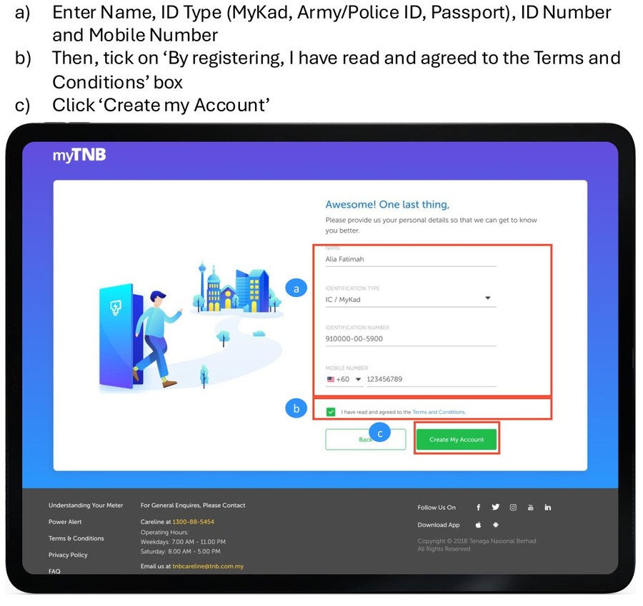 Isi maklumat pengguna dan Create my Account myTNB