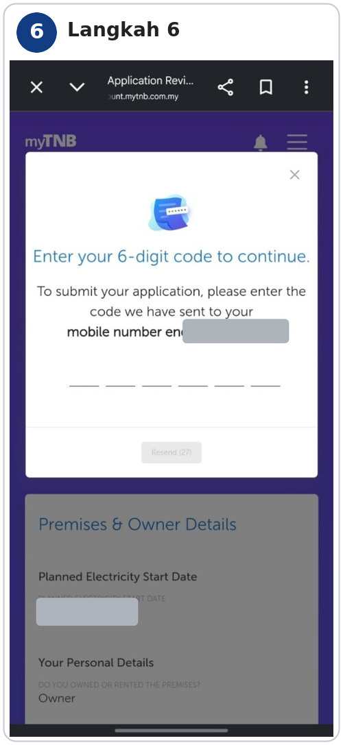 Langkah 6 masukkan OTP 6 digit untuk acknowledge permohonan myTNB