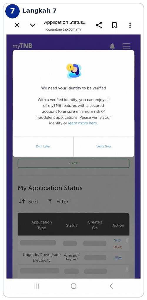 Tekan Verify Now untuk pengesahan identiti myTNB