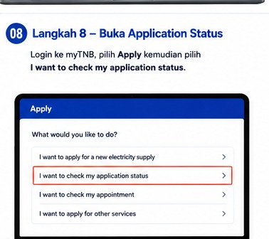 Semak application status untuk acknowledge permohonan myTNB