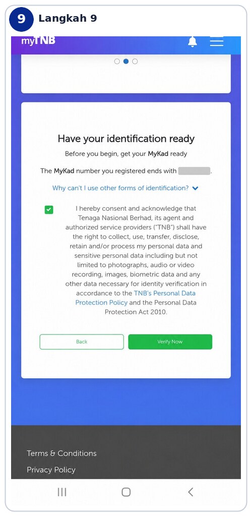 Beri persetujuan dan tekan Verify Now dalam portal myTNB