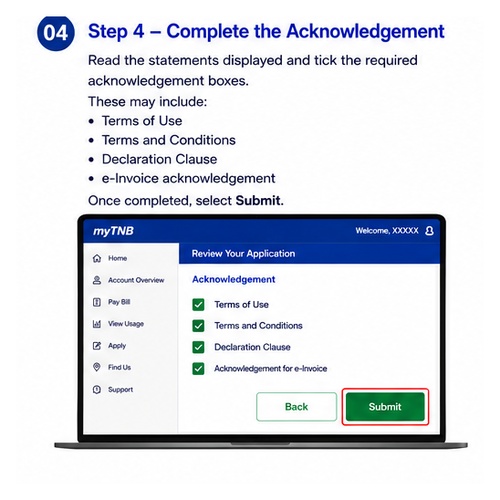 Complete acknowledgement and submit a myTNB application