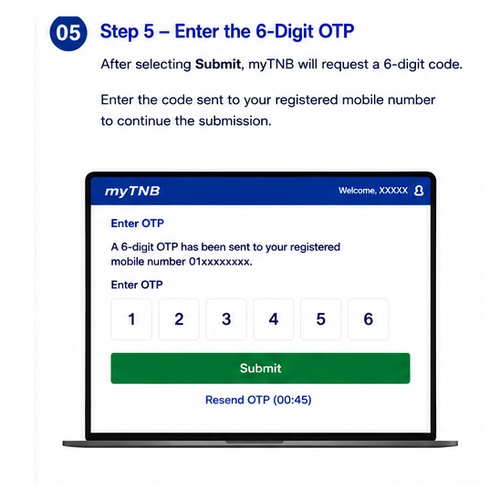 Enter the 6-digit OTP for myTNB acknowledgement
