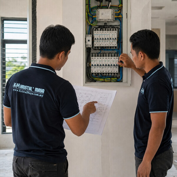 Pasukan Kristal Maya Resources menyemak pelan dan pemasangan elektrik
