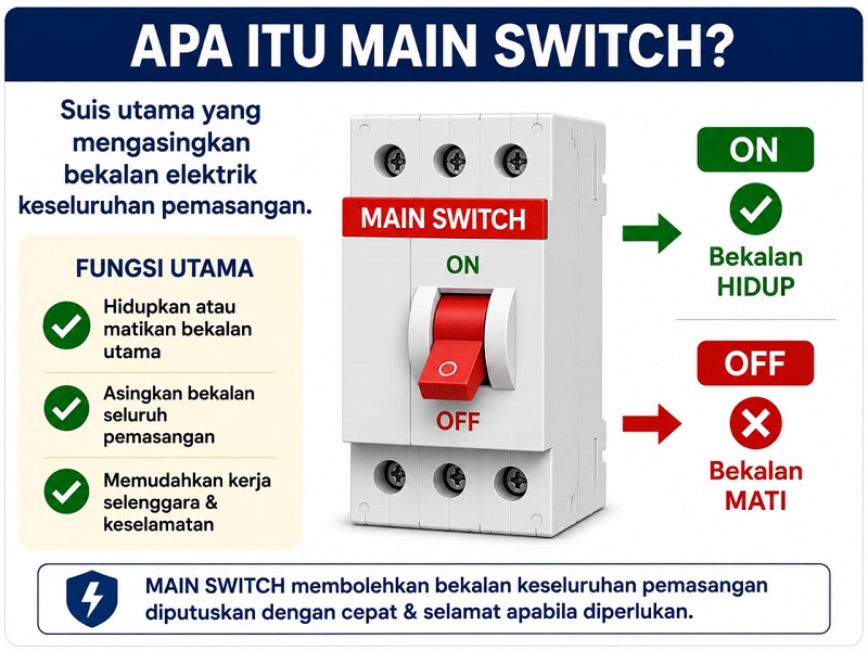 Main switch elektrik atau suis utama untuk mengasingkan bekalan elektrik