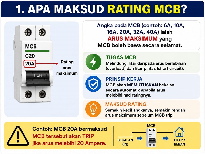 Maksud rating MCB 6A 10A 16A 20A 32A dan 40A