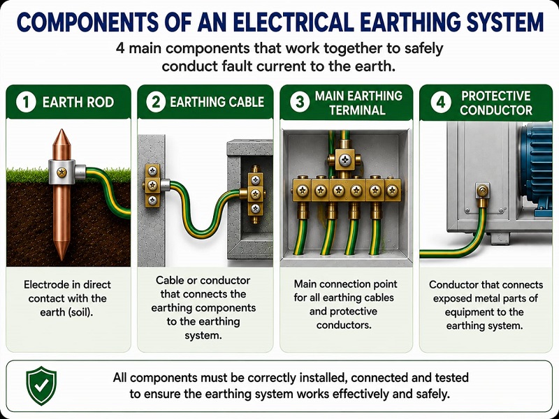 Main electrical earthing system components including earth rod earthing conductor main earthing terminal and protective conductor