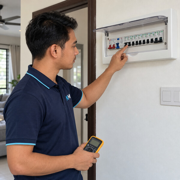 Electrical contractor inspecting a residential DB box after partial power loss