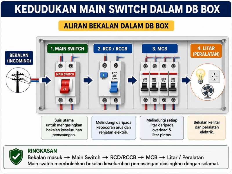 Kedudukan main switch dalam DB box sebelum RCCB dan MCB