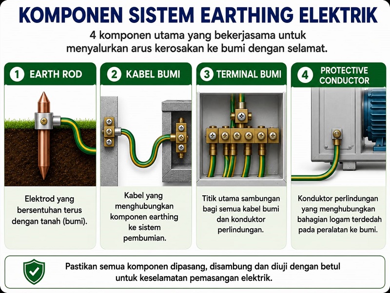 Komponen sistem earthing elektrik termasuk earth rod kabel bumi terminal bumi dan protective conductor