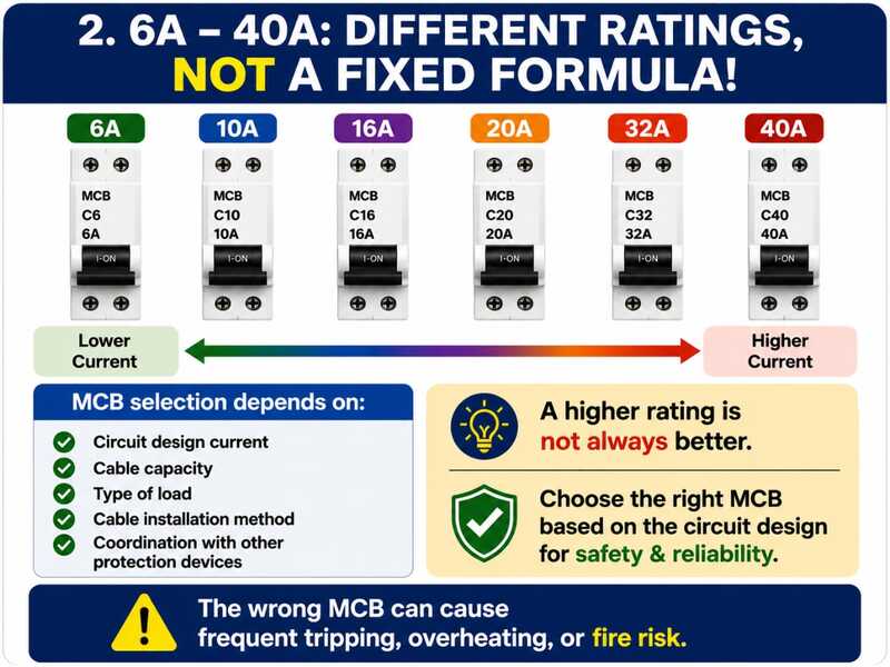 Different MCB ratings from 6A to 40A