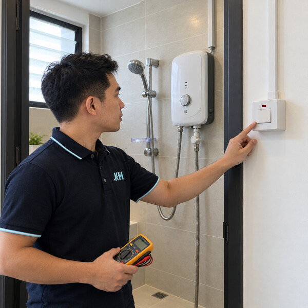 Kontraktor memeriksa wiring dan bekalan elektrik water heater