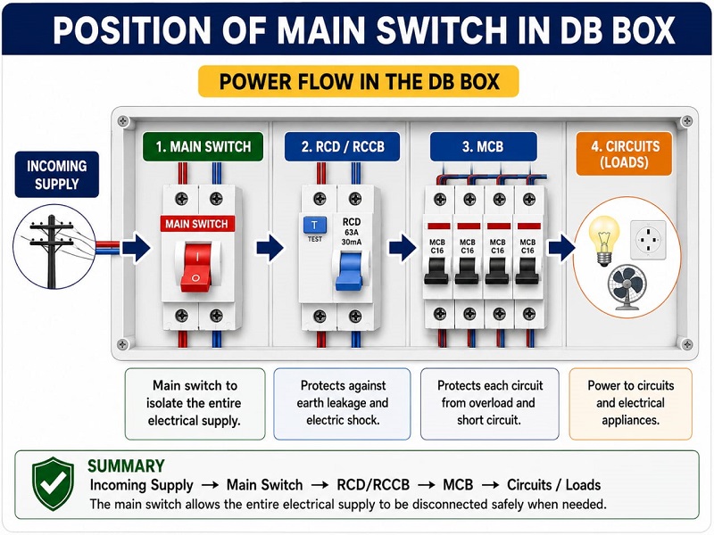 Position of the main switch in a DB box before RCCB and MCB protection devices