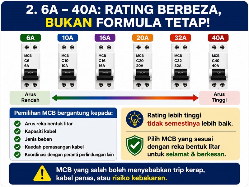 Perbezaan rating MCB 6A 10A 16A 20A 32A dan 40A
