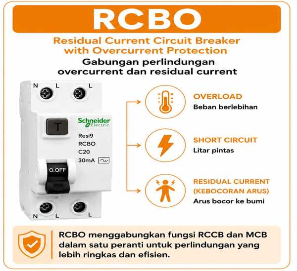 RCBO untuk perlindungan overcurrent short circuit dan residual current