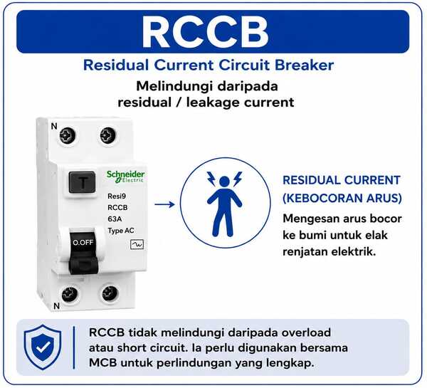 RCCB Residual Current Circuit Breaker untuk perlindungan kebocoran arus