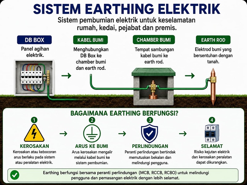 Sistem earthing elektrik untuk rumah kedai pejabat dan premis