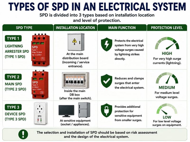 Type 1 Type 2 and Type 3 SPD in an electrical system